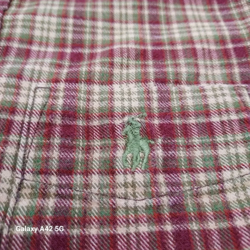 Ralph Lauren Boys Size 5 Plaid Button Down Shirt Burgundy Tan Green Cotton